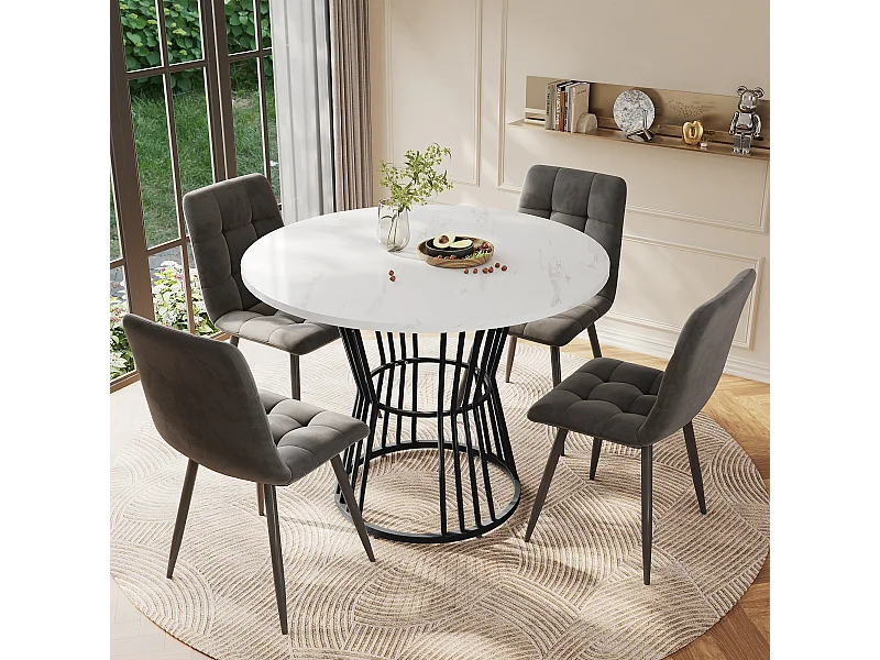 Table à manger ronde en MDF, avec pieds en métal, design moderne, motif marbre, noir (100 cm diamètre)