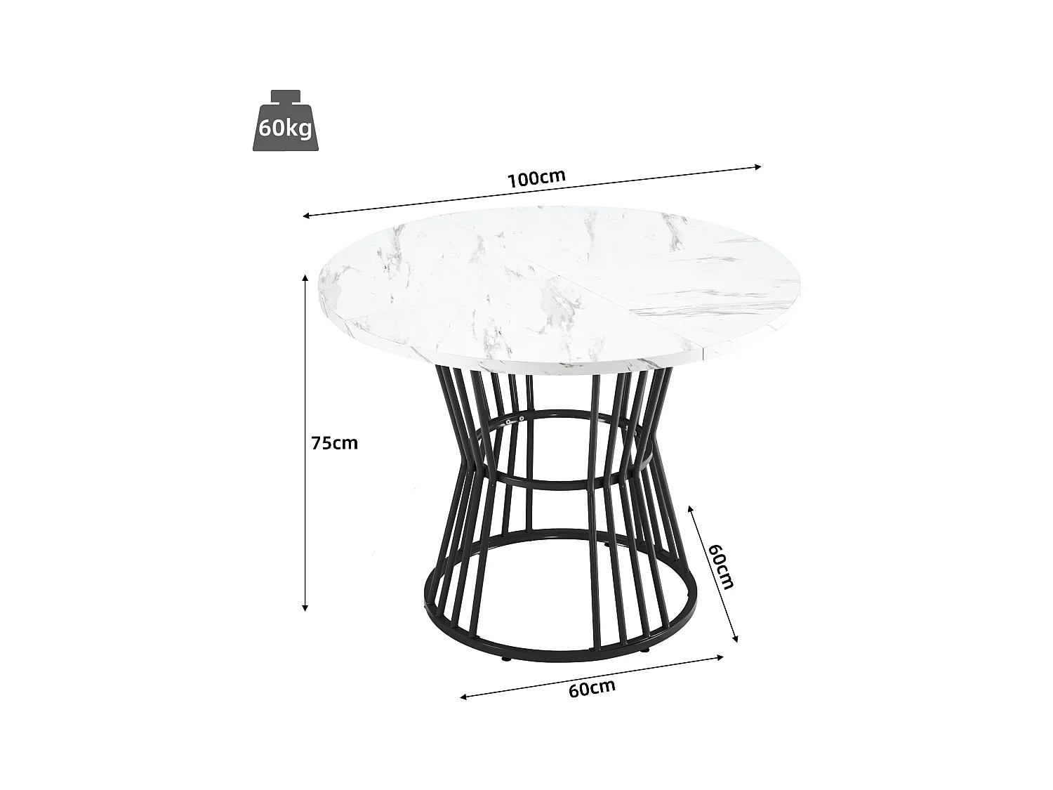 Table à manger ronde en MDF, avec pieds en métal, design moderne, motif marbre, noir (100 cm diamètre)