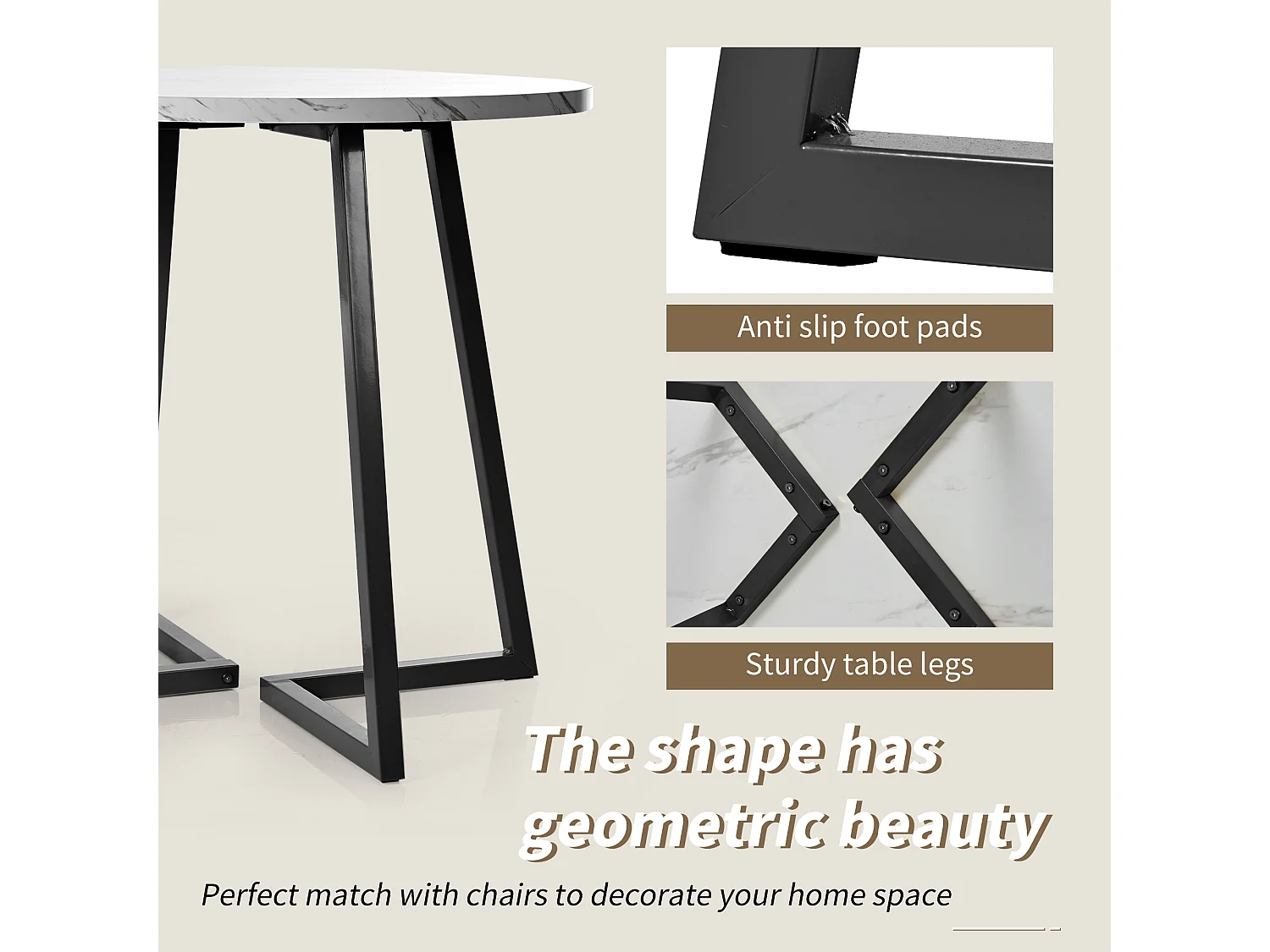 Table à manger ronde, design moderne avec base en métal, MDF, motif marbre, blanc/noir, (80x80x75 cm)