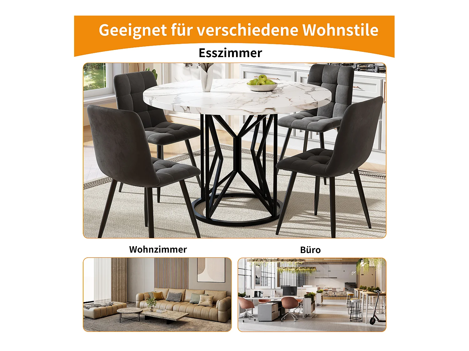 Table ronde à manger, design moderne, MDF et métal noir, marbrée, pour 4-6 personnes (100x100x76 cm)