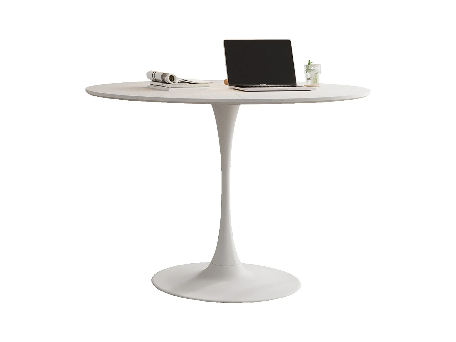 Mesa de comedor redonda moderna, cuatro tableros de MDF, base de metal, color blanco (120 x 120 x 75 cm)