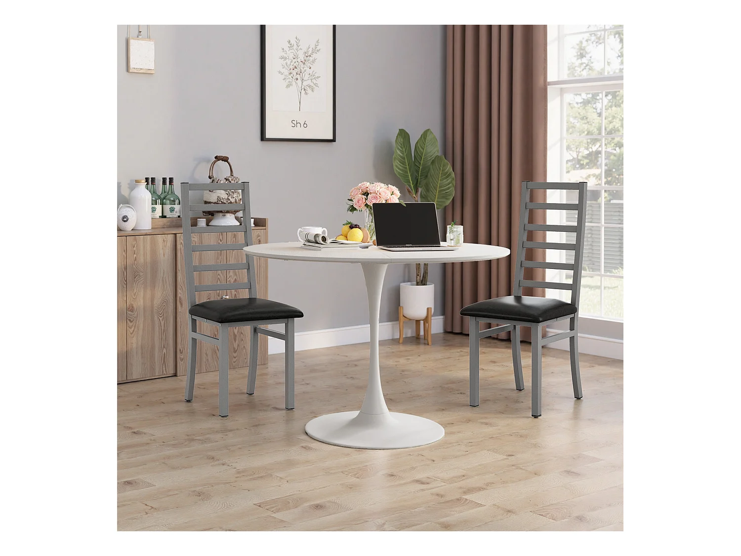 Mesa de comedor redonda moderna, cuatro tableros de MDF, base de metal, color blanco (120 x 120 x 75 cm)