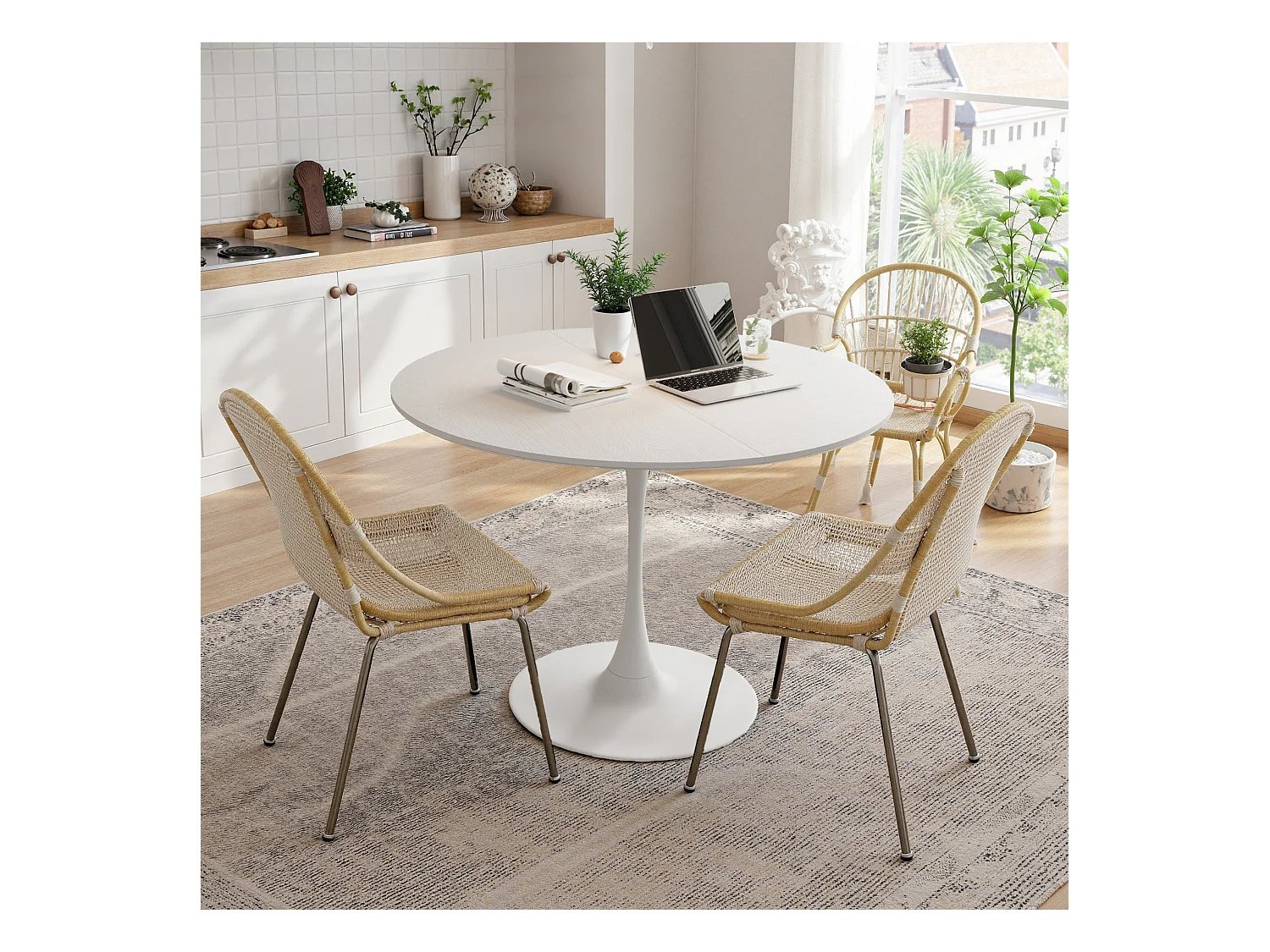 Table à Manger Ronde Moderne, Quatre Plateaux en MDF, Base Métallique, Blanche (120x120x75 cm)