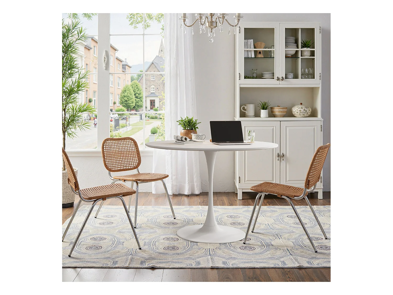 Table à Manger Ronde Moderne, Quatre Plateaux en MDF, Base Métallique, Blanche (120x120x75 cm)