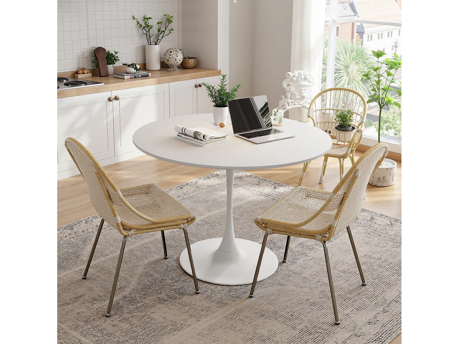 Table à Manger Ronde Moderne, Quatre Plateaux en MDF, Base Métallique, Blanche (120x120x75 cm)