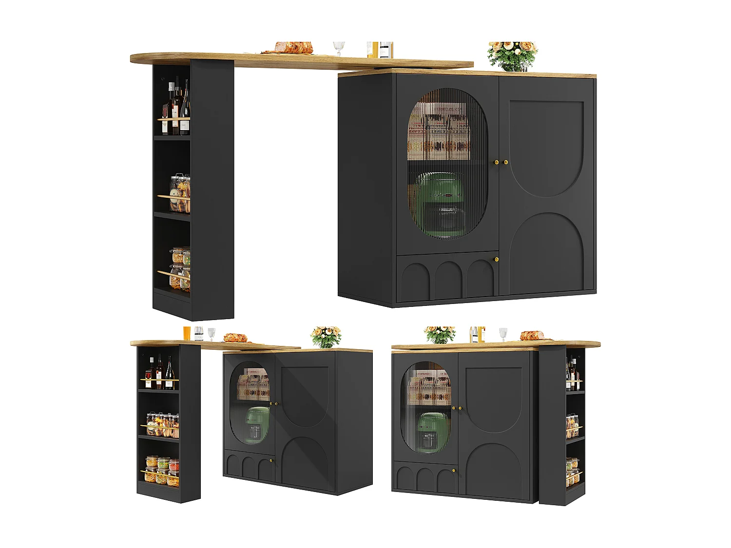 Table de bar rotative 360°, meuble de rangement avec portes, MDF et métal, noir et blanc (137.9x73x92.5 cm)