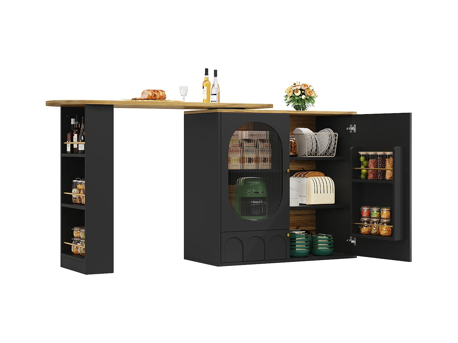 Table de bar rotative 360°, meuble de rangement avec portes, MDF et métal, noir et blanc (137.9x73x92.5 cm)