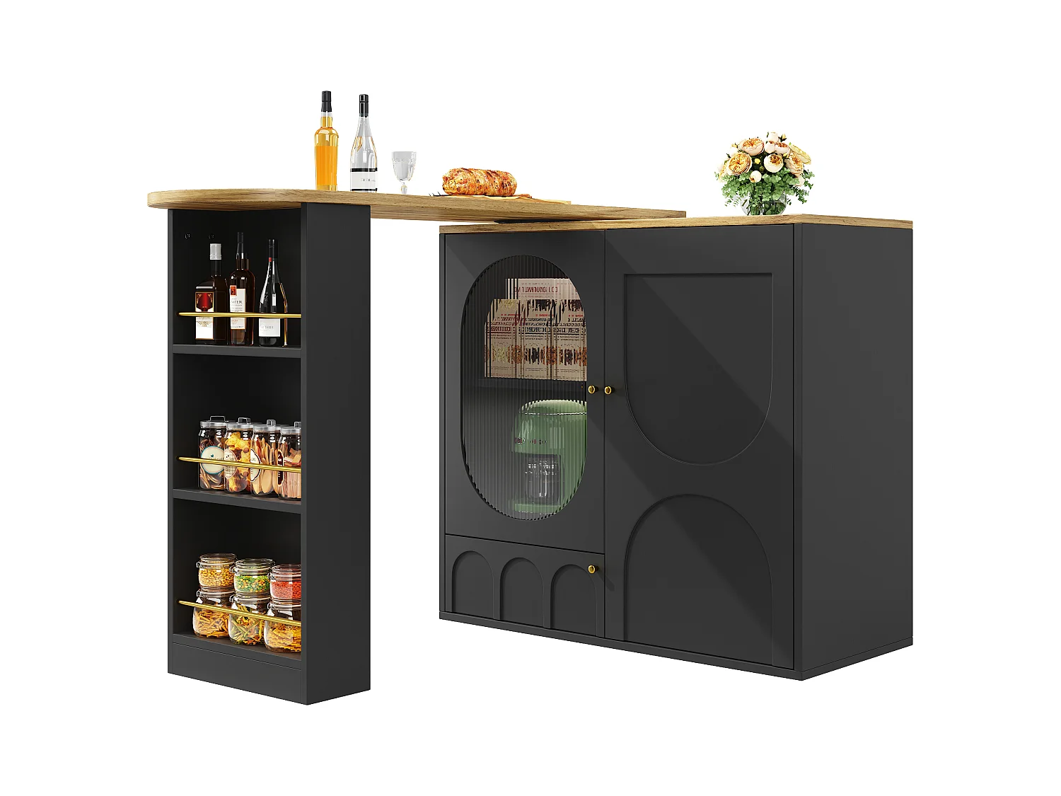 Table de bar rotative 360°, meuble de rangement avec portes, MDF et métal, noir et blanc (137.9x73x92.5 cm)