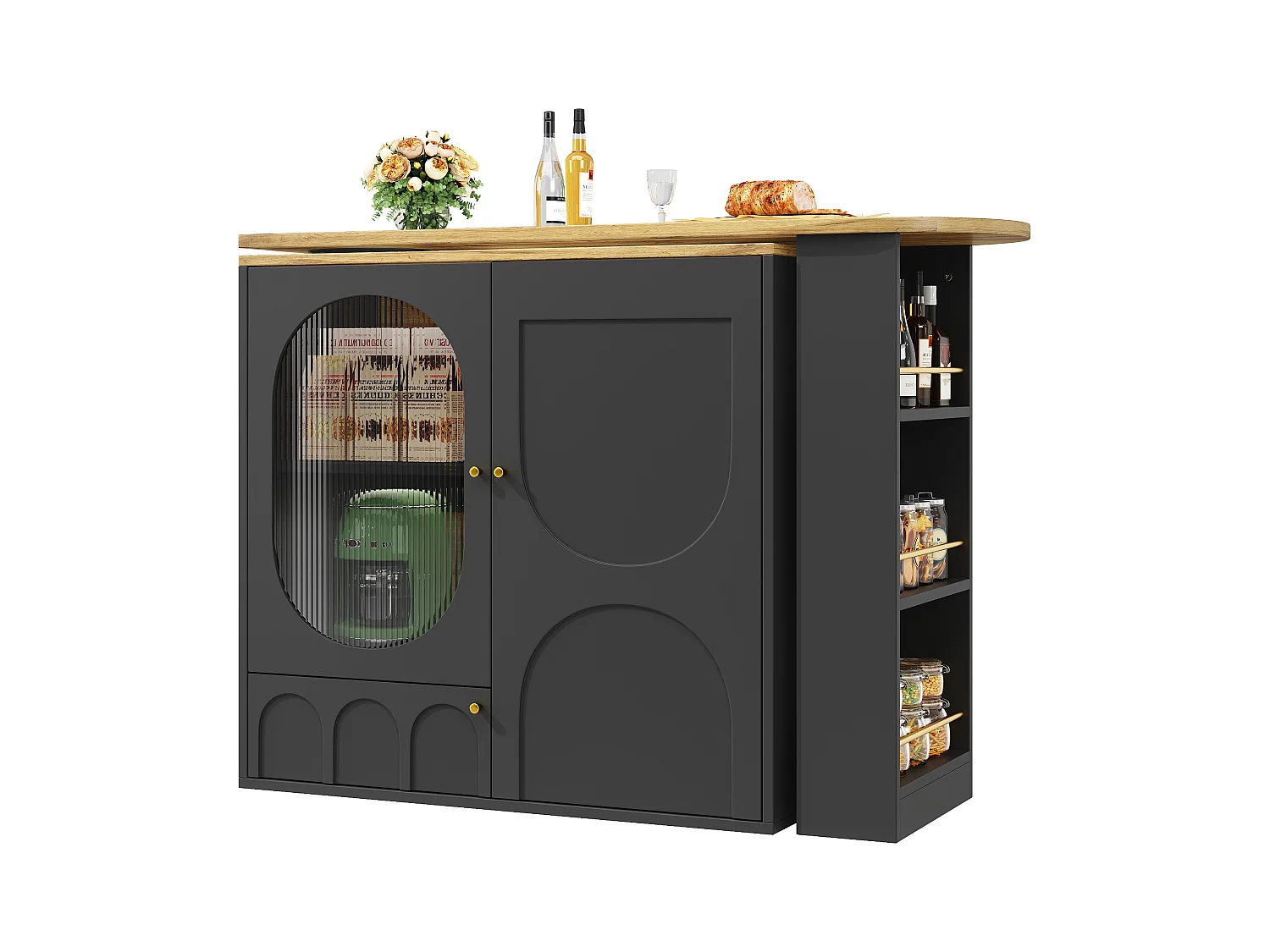 Table de bar rotative 360°, meuble de rangement avec portes, MDF et métal, noir et blanc (137.9x73x92.5 cm)