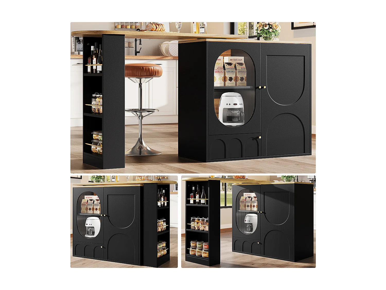 Table de bar rotative 360°, meuble de rangement avec portes, MDF et métal, noir et blanc (137.9x73x92.5 cm)