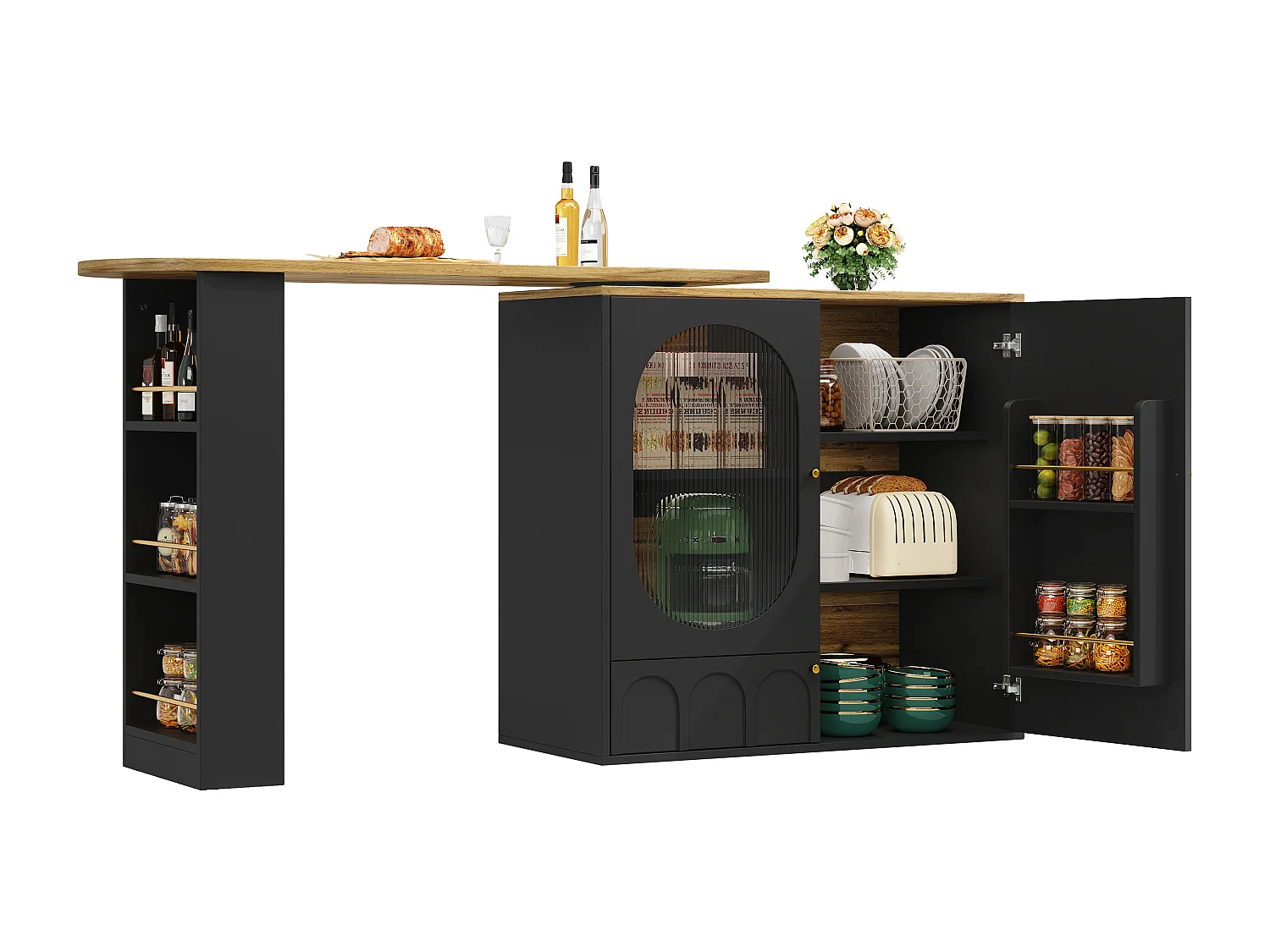 Table de bar rotative 360°, meuble de rangement avec portes, MDF et métal, noir et blanc (137.9x73x92.5 cm)