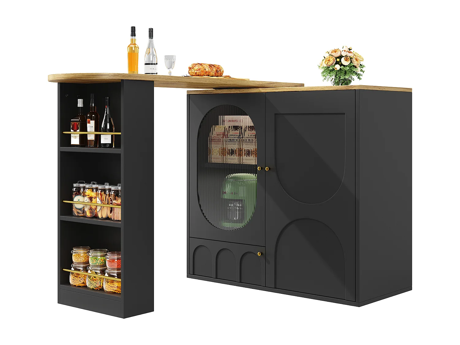 Table de bar rotative 360°, meuble de rangement avec portes, MDF et métal, noir et blanc (137.9x73x92.5 cm)