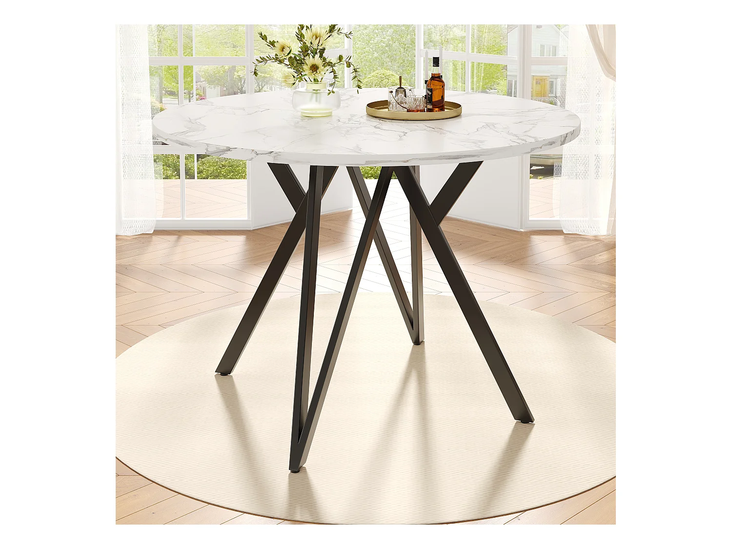 Table ronde design moderne, plateau MDF marbré, pieds métal noir, pour salle à manger et salon (100x100x76cm)
