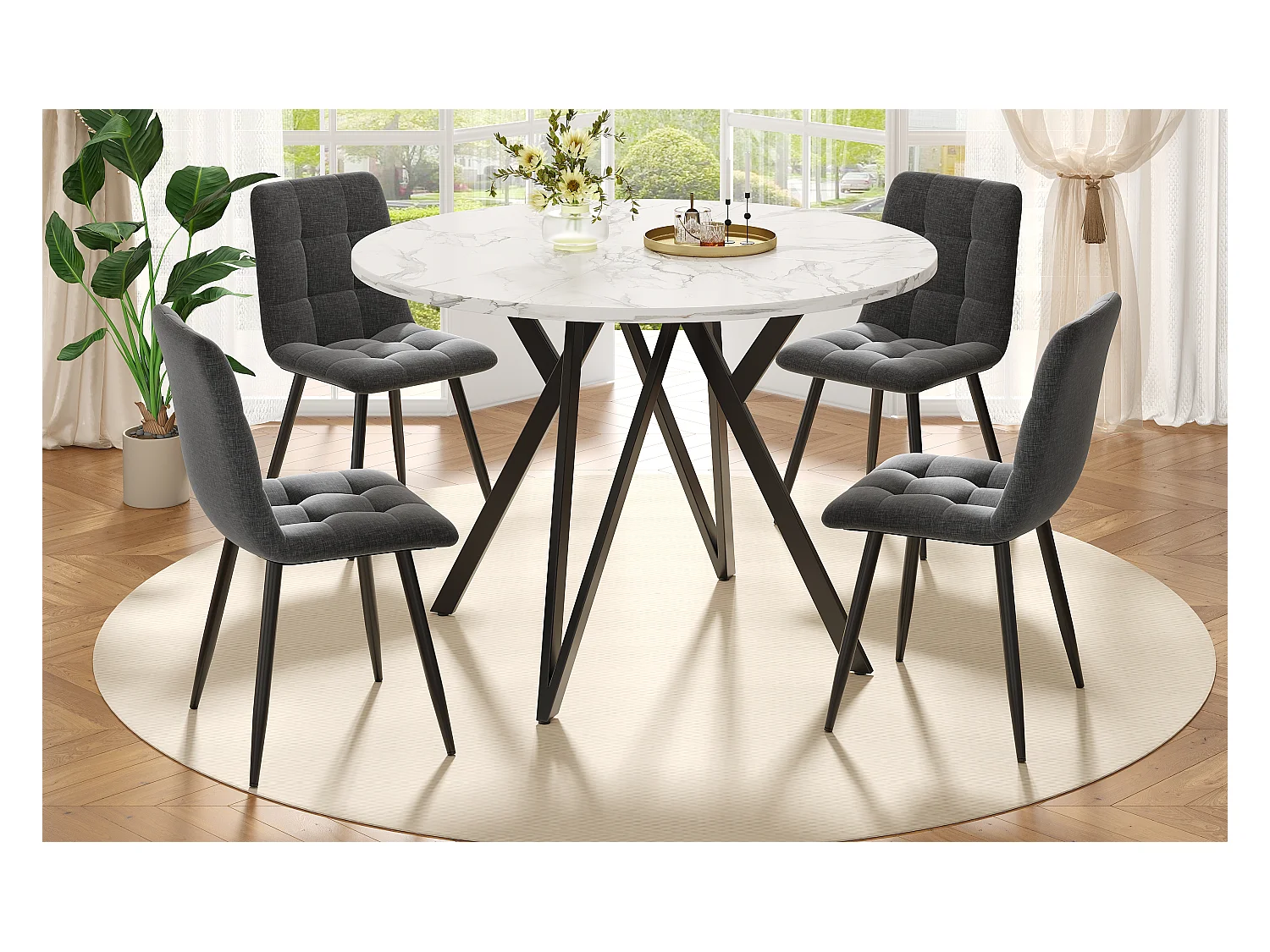 Table ronde design moderne, plateau MDF marbré, pieds métal noir, pour salle à manger et salon (100x100x76cm)