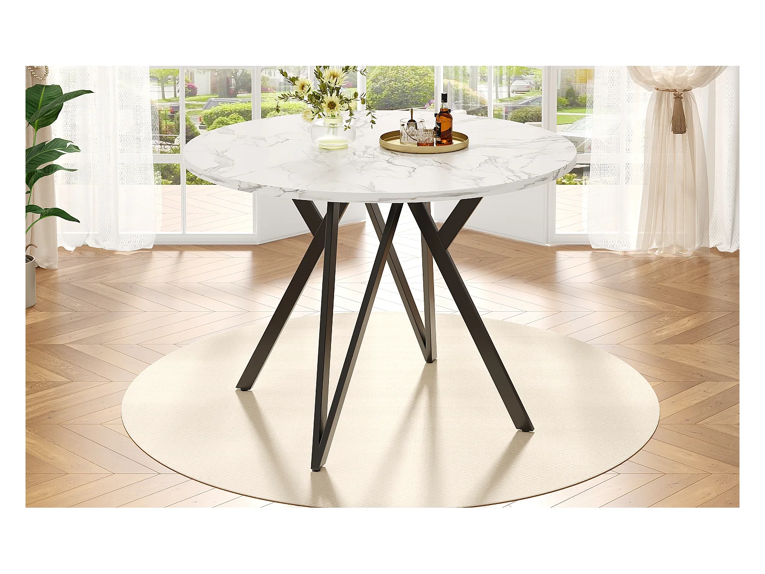 Table ronde design moderne, plateau MDF marbré, pieds métal noir, pour salle à manger et salon (100x100x76cm)