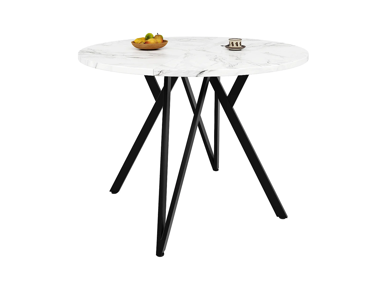 Table ronde design moderne, plateau MDF marbré, pieds métal noir, pour salle à manger et salon (100x100x76cm)