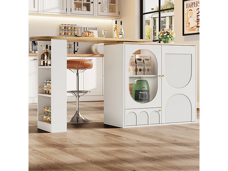 360° draaibare bartafel, meubel met opbergruimte, MDF en metaal, wit en zwart (137,9x73x92,5 cm)