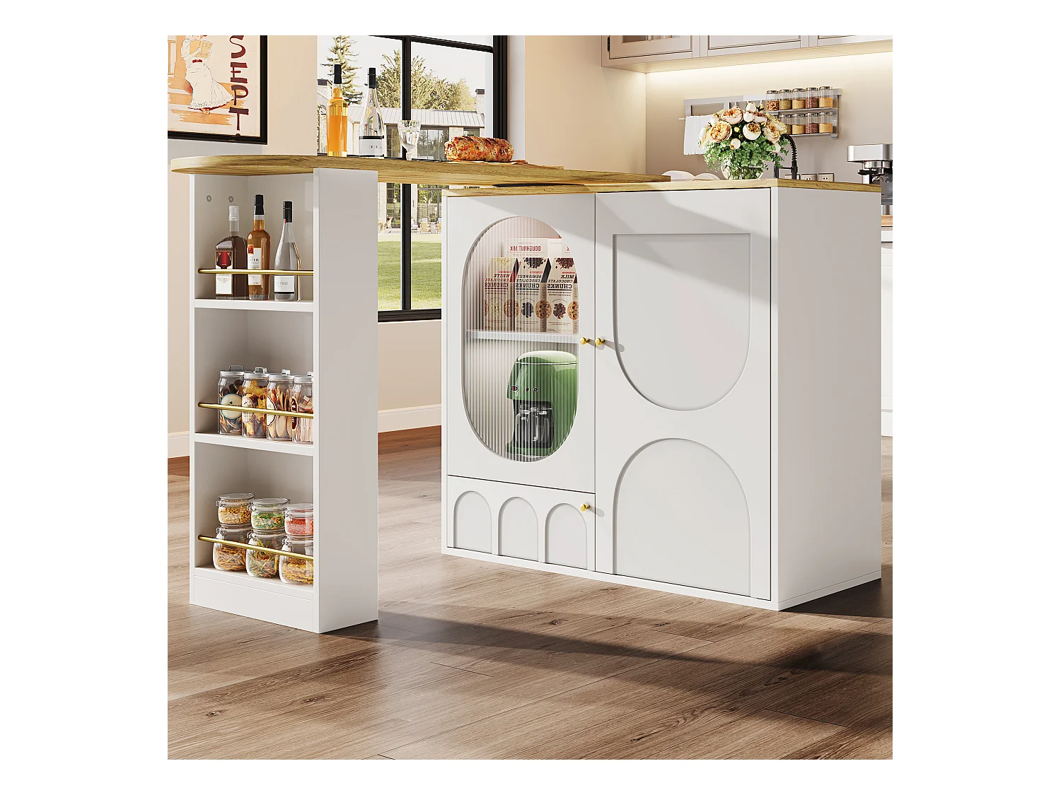 Table de bar rotative 360°, meuble avec rangement, MDF et métal, blanc et noir (137.9x73x92.5 cm)