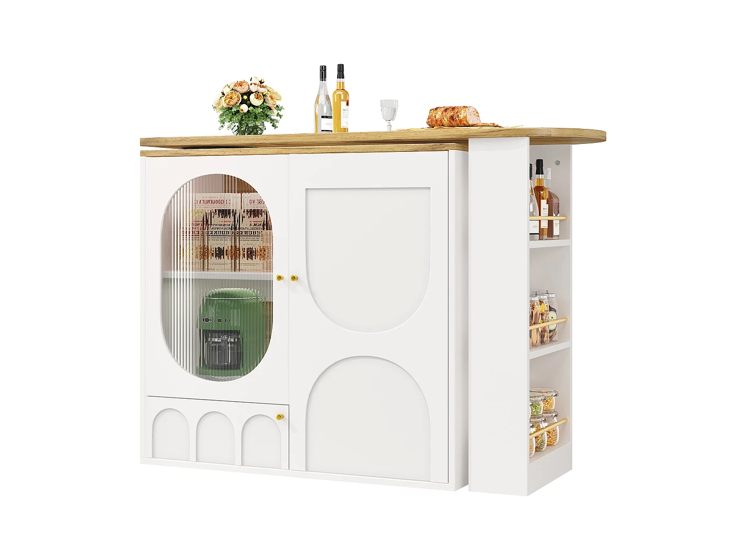 Table de bar rotative 360°, meuble avec rangement, MDF et métal, blanc et noir (137.9x73x92.5 cm)