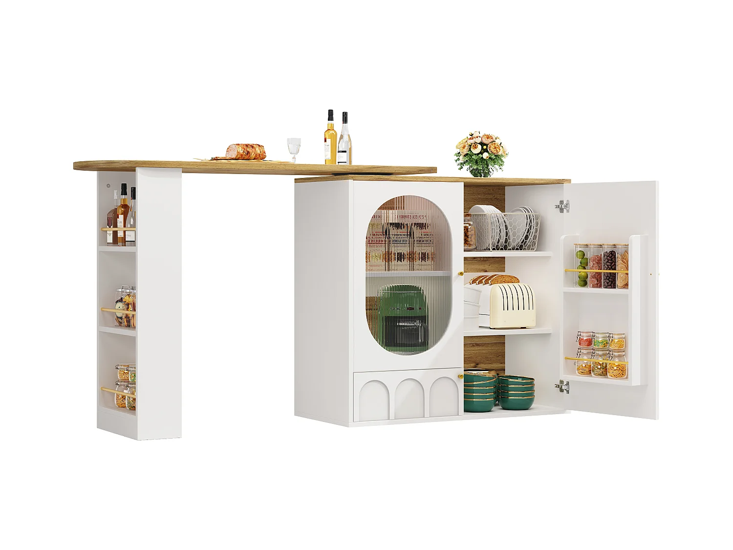 Table de bar rotative 360°, meuble avec rangement, MDF et métal, blanc et noir (137.9x73x92.5 cm)