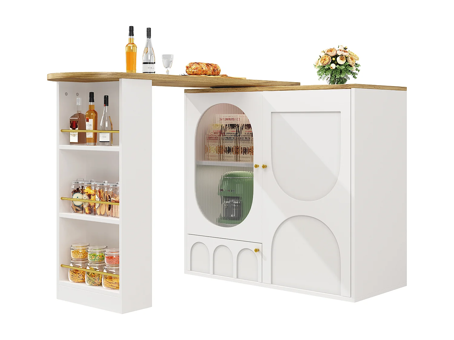 Table de bar rotative 360°, meuble avec rangement, MDF et métal, blanc et noir (137.9x73x92.5 cm)