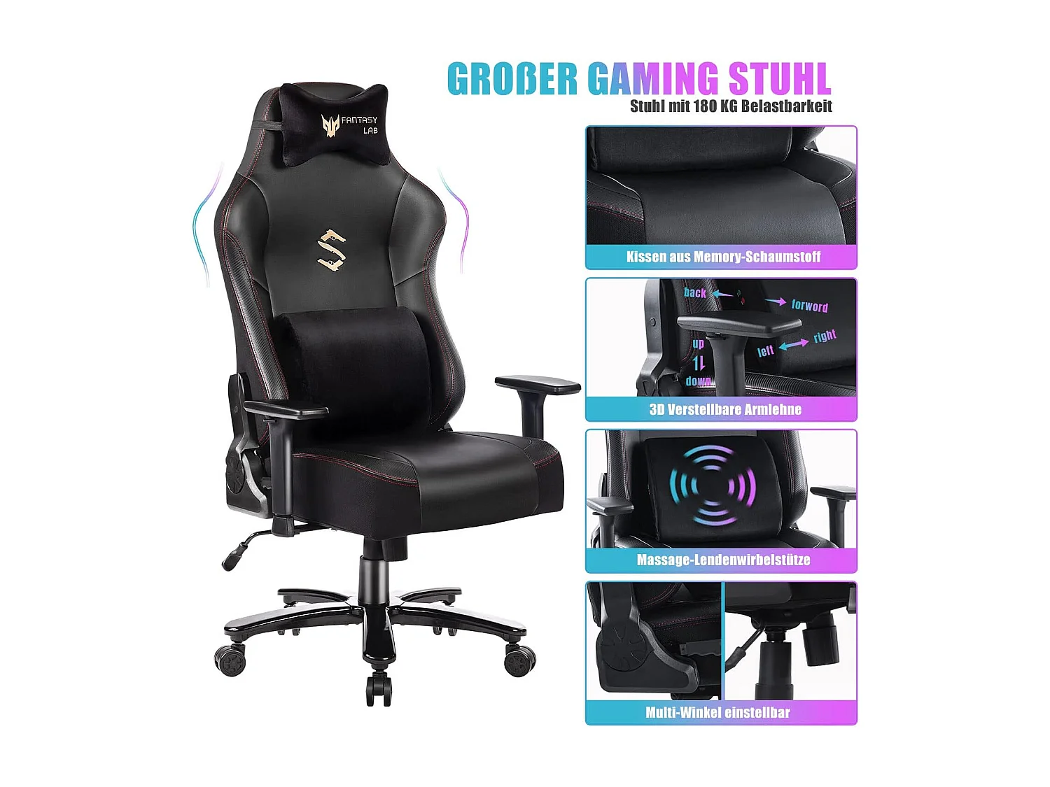 Chaise de bureau ergonomique avec fonction massage, design ergonomique, en PU, noir (Dimensions : 65 x 72 x 136 cm)