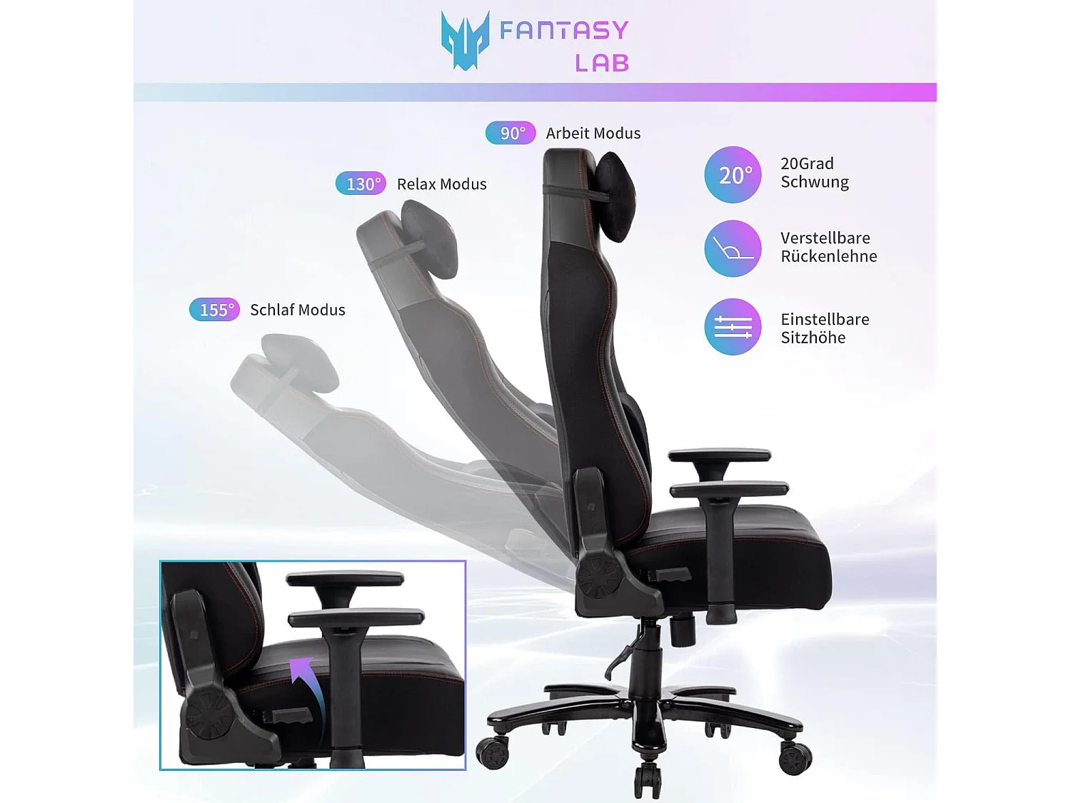 Chaise de bureau ergonomique avec fonction massage, design ergonomique, en PU, noir (Dimensions : 65 x 72 x 136 cm)