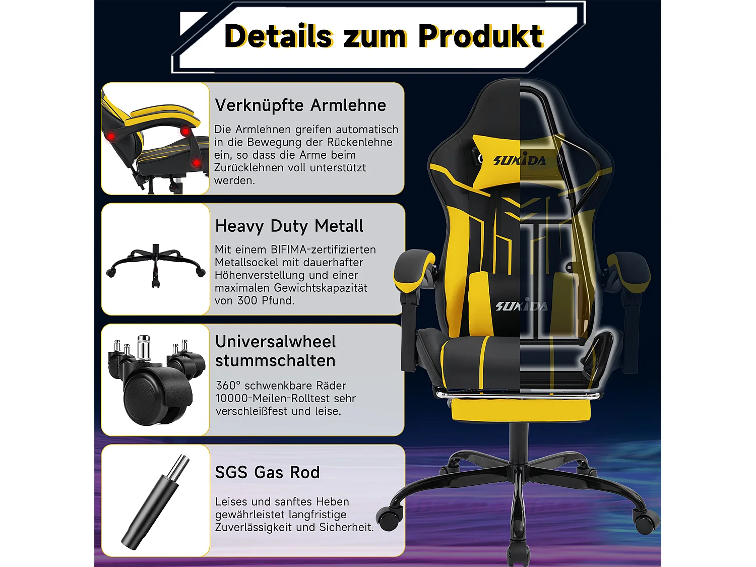 Chaise de jeu ergonomique avec repose-pieds, fauteuil de bureau avec dossier haut et soutien lombaire, noir et jaune (53x48x125 cm)