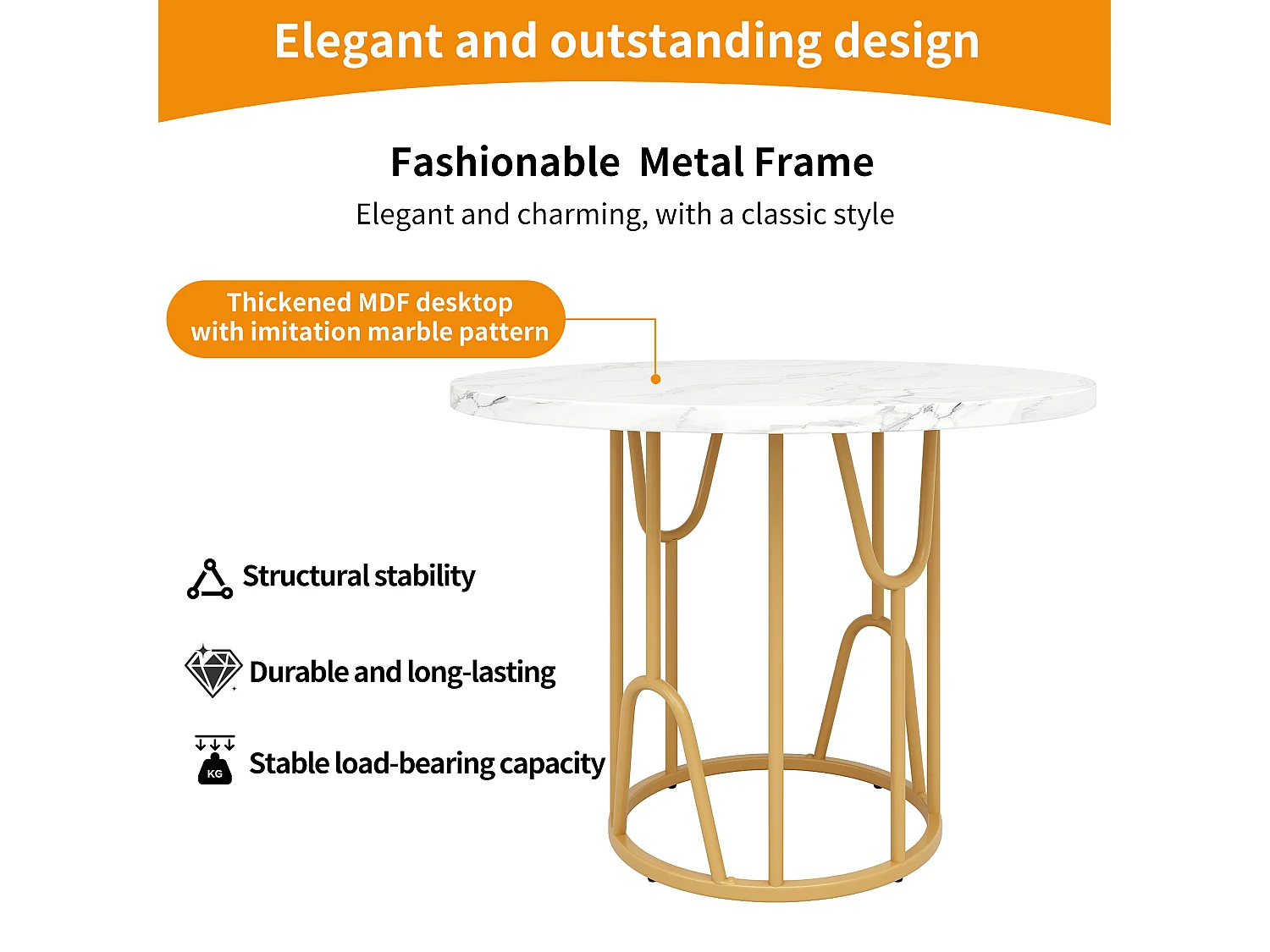 Mesa de comedor redonda, diseño elegante, MDF marmolado, patas doradas (80x80x76 cm)
