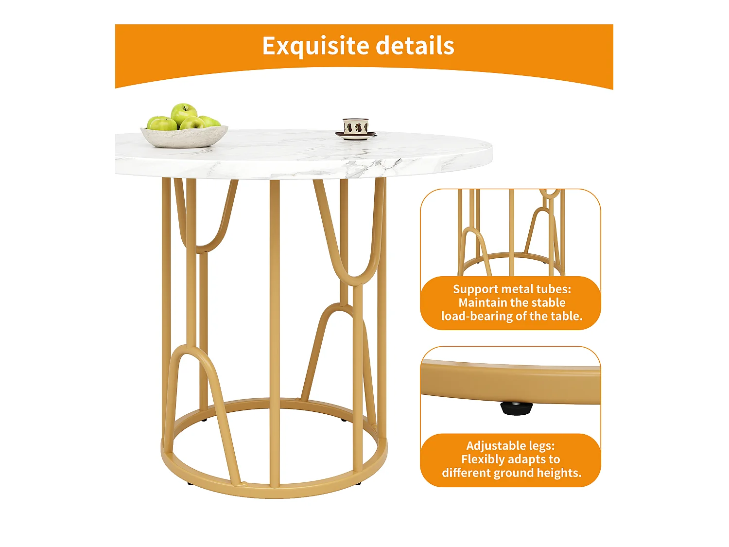 Table à manger ronde, design élégant, MDF marbré, pieds dorés (80x80x76 cm)