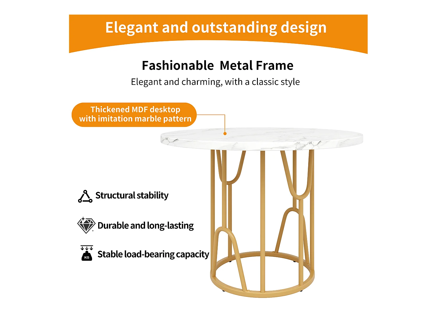 Table à manger ronde, design élégant, MDF marbré, pieds dorés (80x80x76 cm)