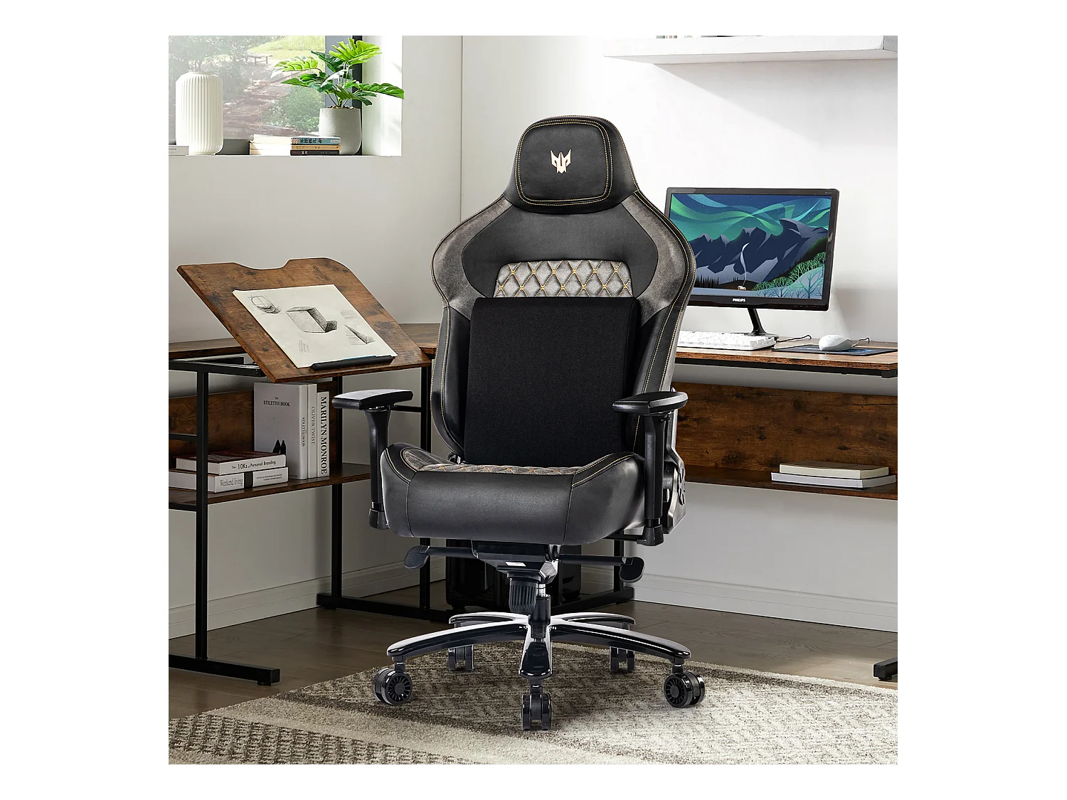 Sedia da ufficio ergonomica con braccioli regolabili 4D, PU, nero (dimensioni: 68,6 x 68,6 x 129 cm)