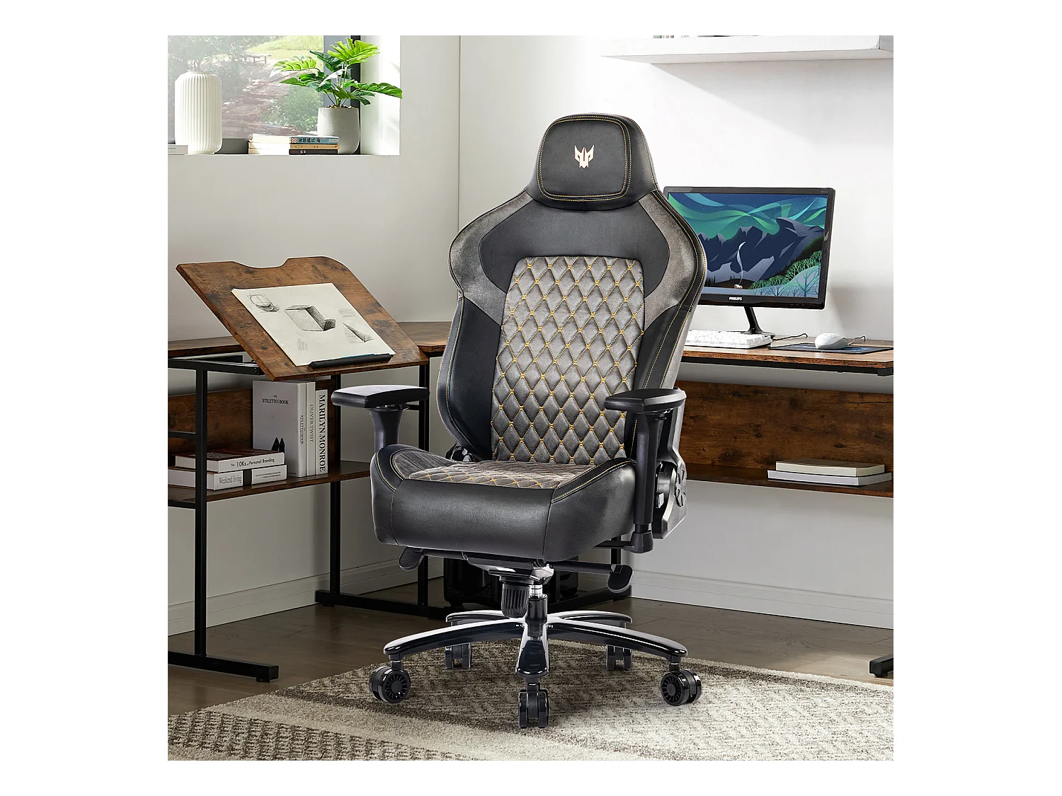 Sedia da ufficio ergonomica con braccioli regolabili 4D, PU, nero (dimensioni: 68,6 x 68,6 x 129 cm)