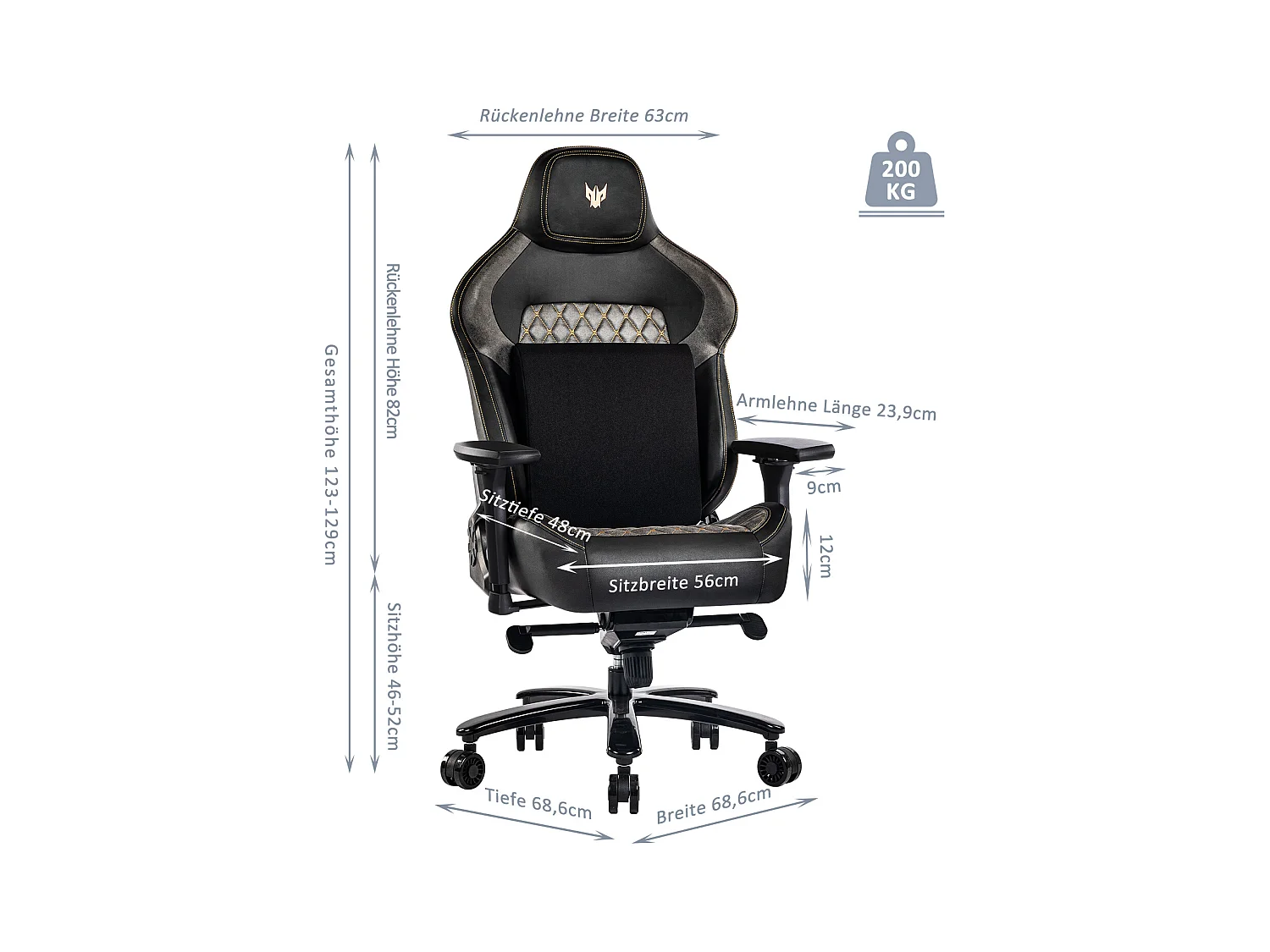 Sedia da ufficio ergonomica con braccioli regolabili 4D, PU, nero (dimensioni: 68,6 x 68,6 x 129 cm)