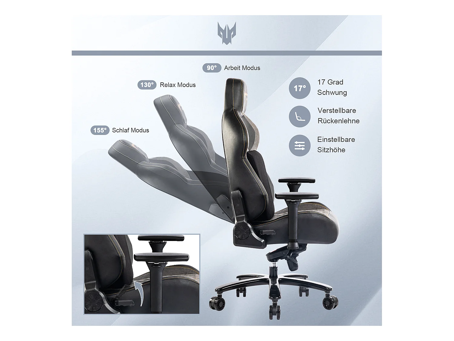 Sedia da ufficio ergonomica con braccioli regolabili 4D, PU, nero (dimensioni: 68,6 x 68,6 x 129 cm)