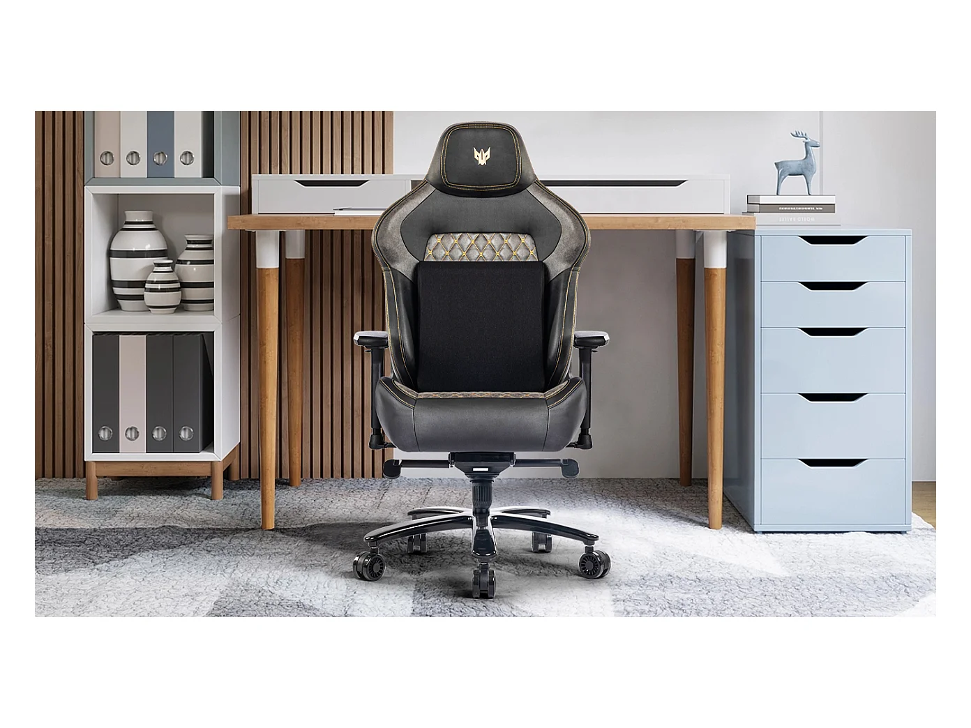 Ergonomische bureaustoel met 4D verstelbare armleuningen, PU, zwart (afmetingen: 68,6 x 68,6 x 129 cm)