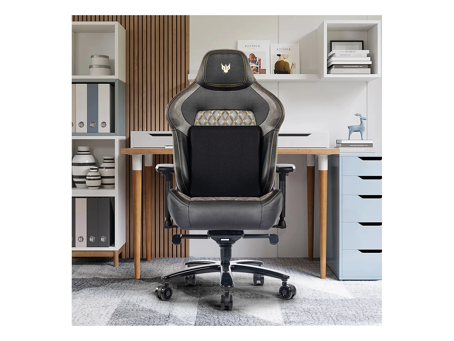 Ergonomische bureaustoel met 4D verstelbare armleuningen, PU, zwart (afmetingen: 68,6 x 68,6 x 129 cm)