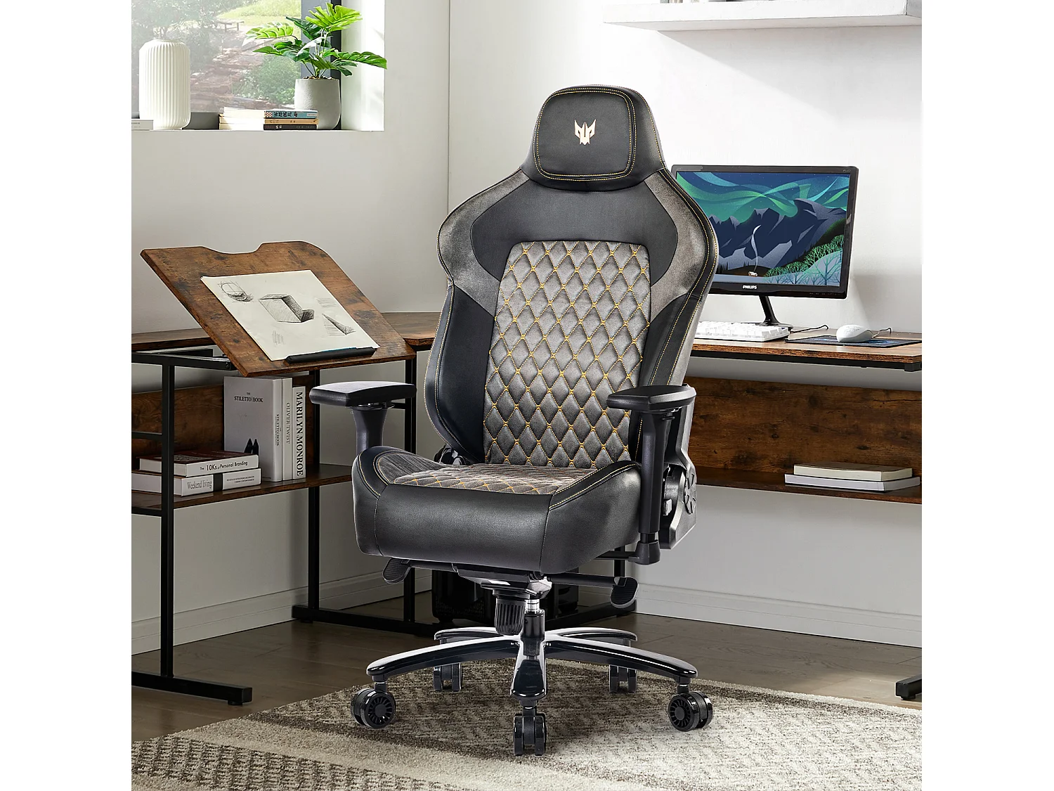 Sedia da ufficio ergonomica con braccioli regolabili 4D, PU, nero (dimensioni: 68,6 x 68,6 x 129 cm)