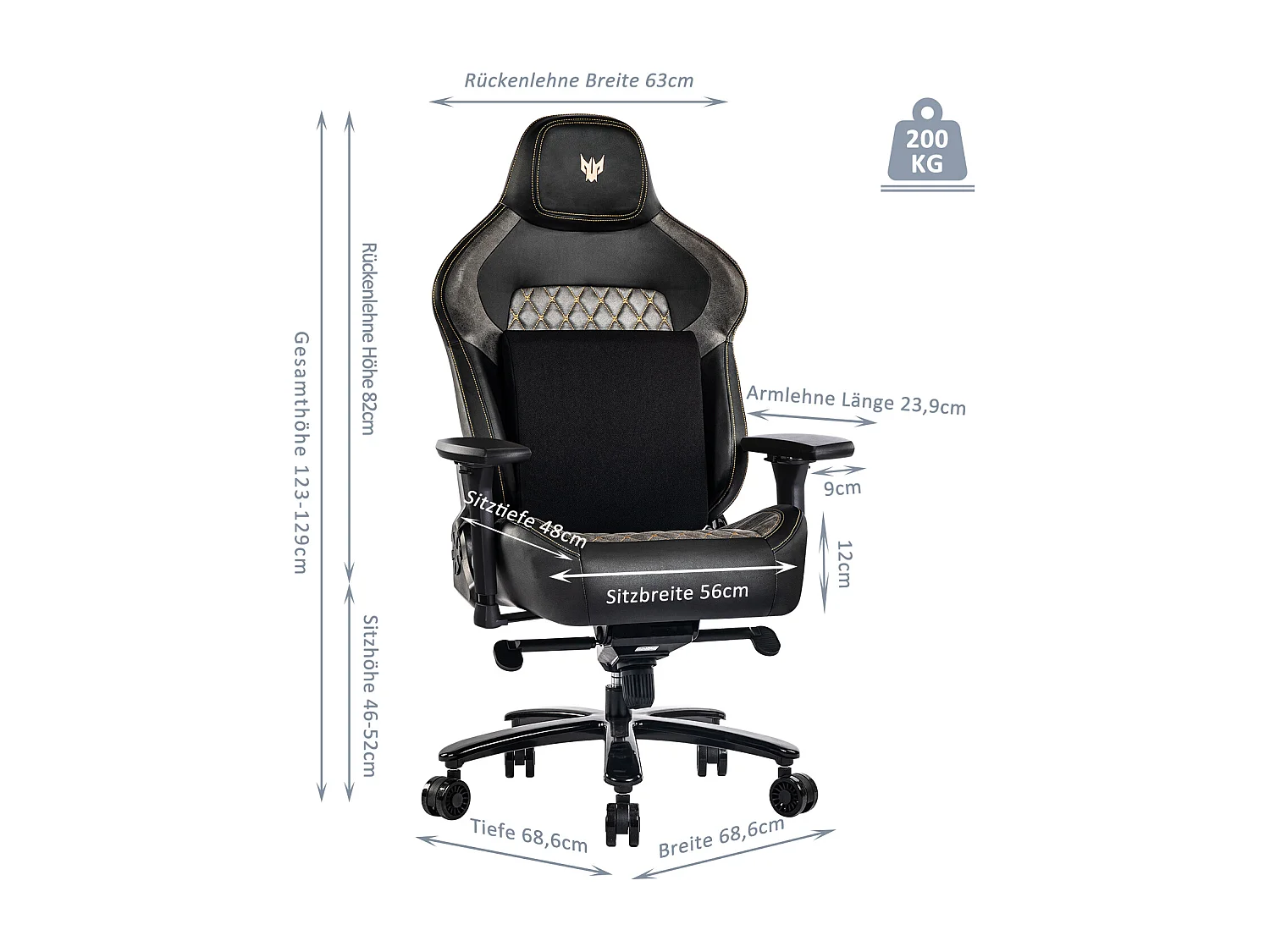 Sedia da ufficio ergonomica con braccioli regolabili 4D, PU, nero (dimensioni: 68,6 x 68,6 x 129 cm)