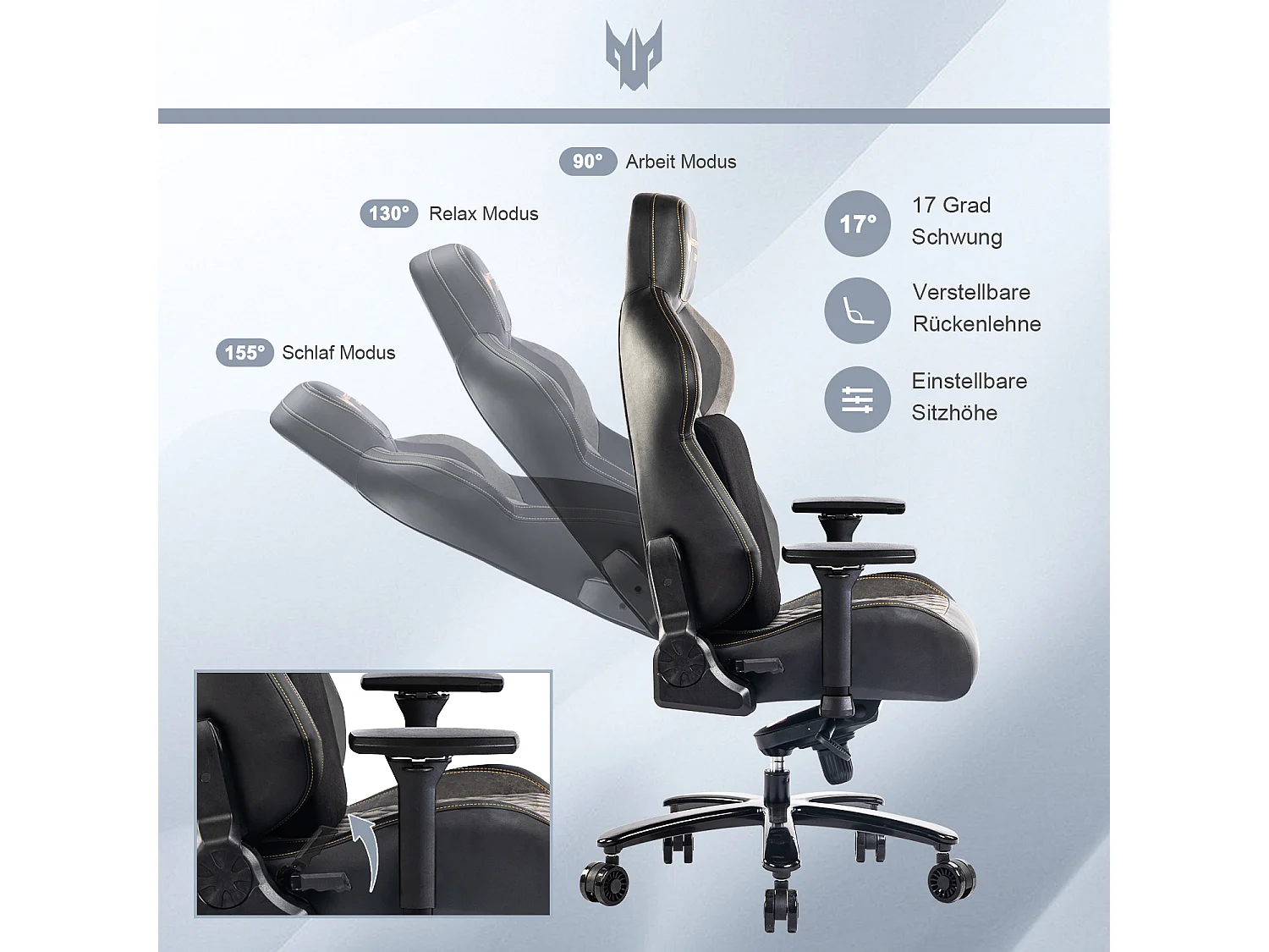 Sedia da ufficio ergonomica con braccioli regolabili 4D, PU, nero (dimensioni: 68,6 x 68,6 x 129 cm)