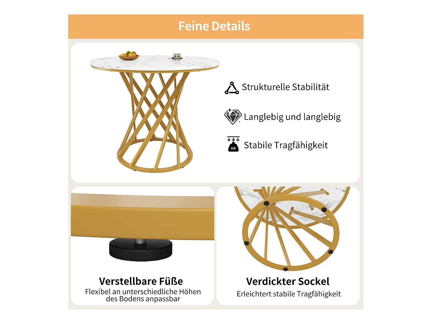 Table Ronde, MDF Effet Marbre, Pieds Métalliques Dorés, 100 cm (100x100x76 cm)