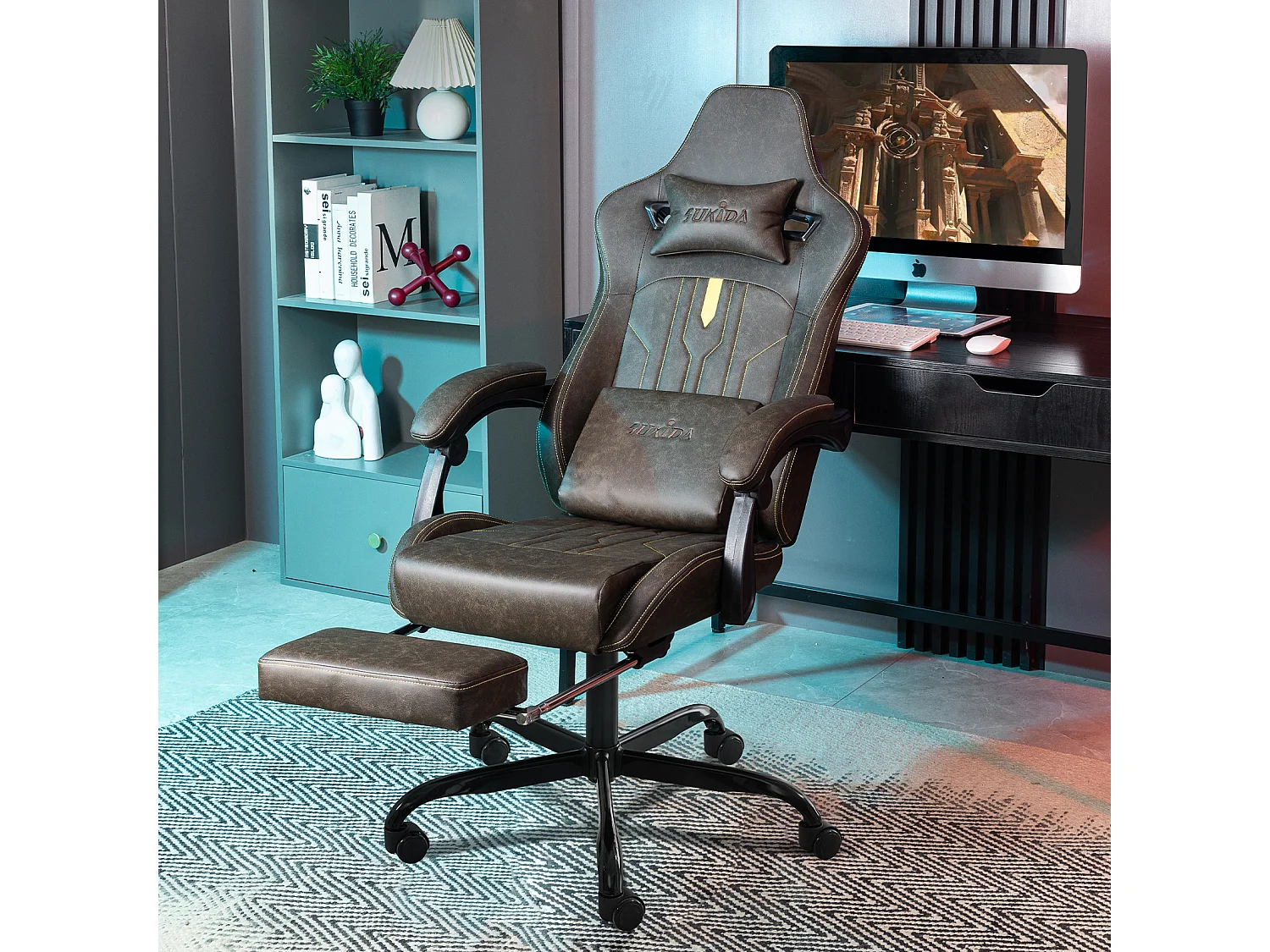Chaise Gaming Ergonomique avec Repose-Pieds et Support Lombaire, Tissu, Marron (52x57x132 cm)