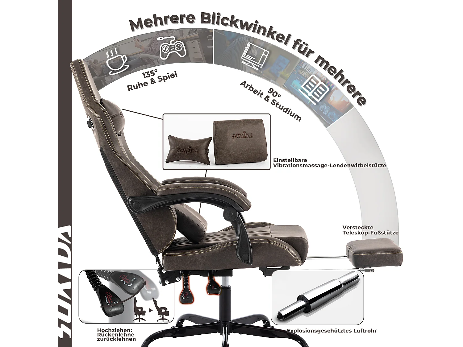 Chaise Gaming Ergonomique avec Repose-Pieds et Support Lombaire, Tissu, Marron (52x57x132 cm)