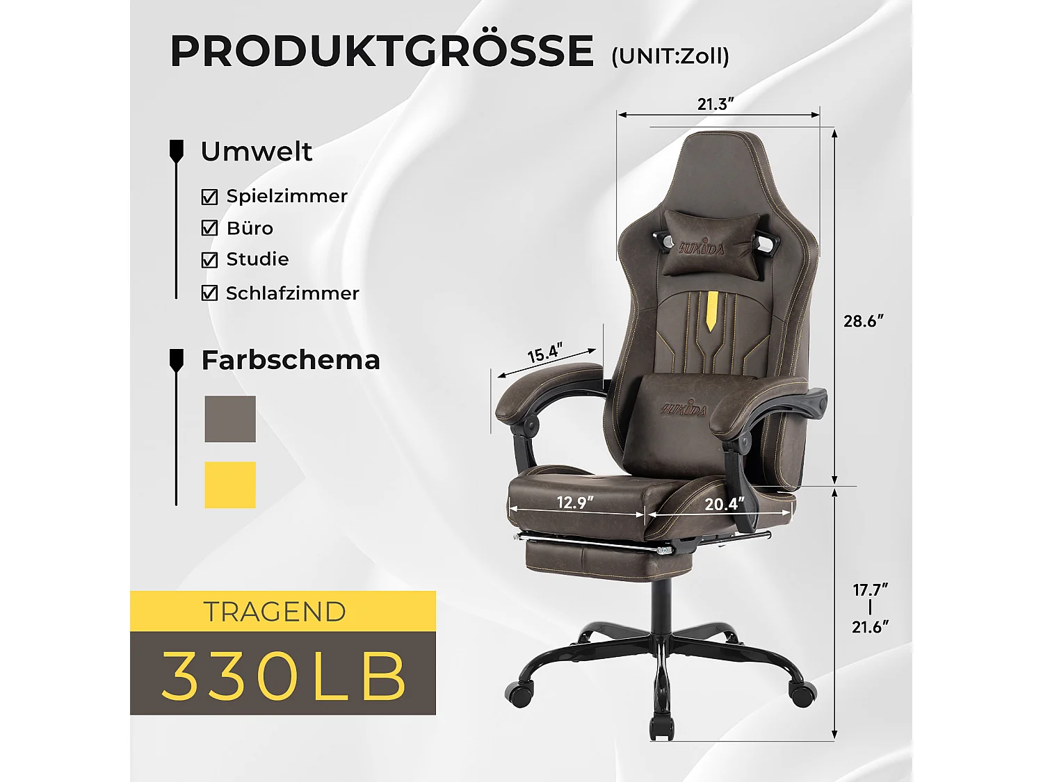 Chaise Gaming Ergonomique avec Repose-Pieds et Support Lombaire, Tissu, Marron (52x57x132 cm)