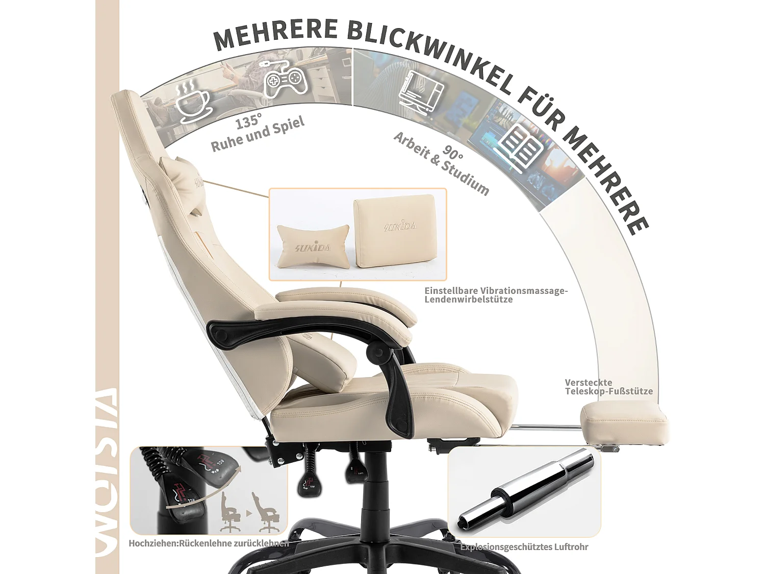 Ergonomische gamingstoel met voetenbank en lendensteun, stof, beige (52x57x132 cm)