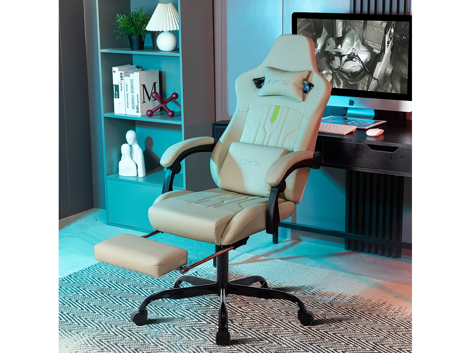 Ergonomische gamingstoel met voetenbank en lendensteun, stof, beige (52x57x132 cm)