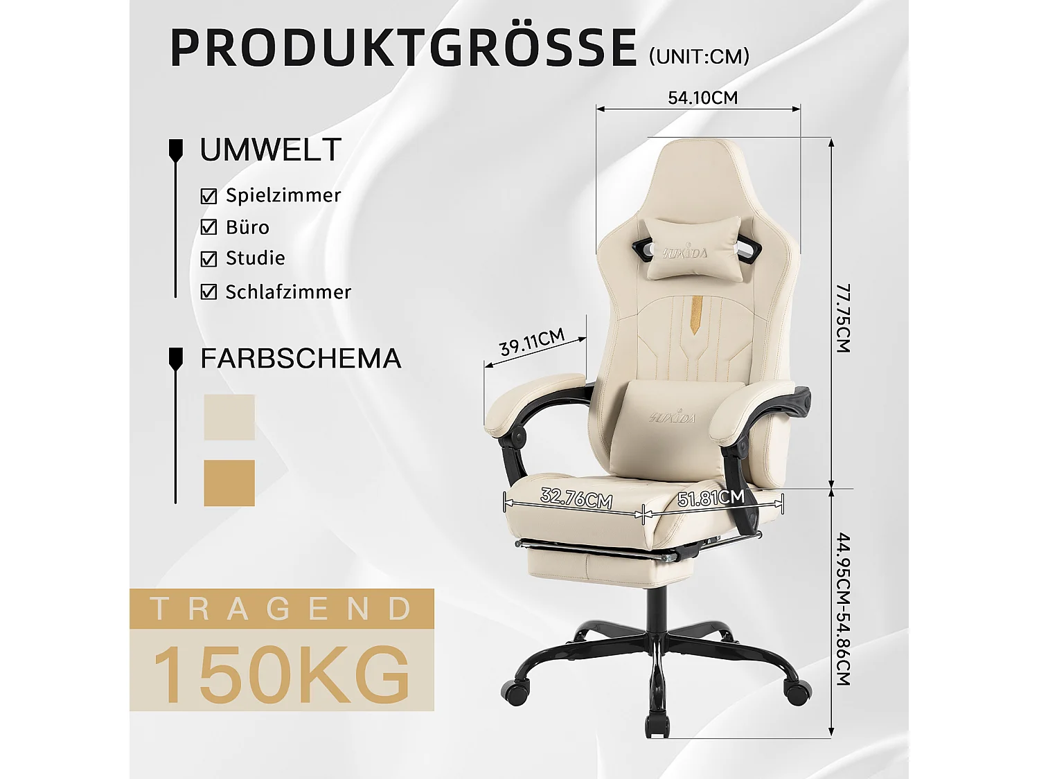 Ergonomische gamingstoel met voetenbank en lendensteun, stof, beige (52x57x132 cm)