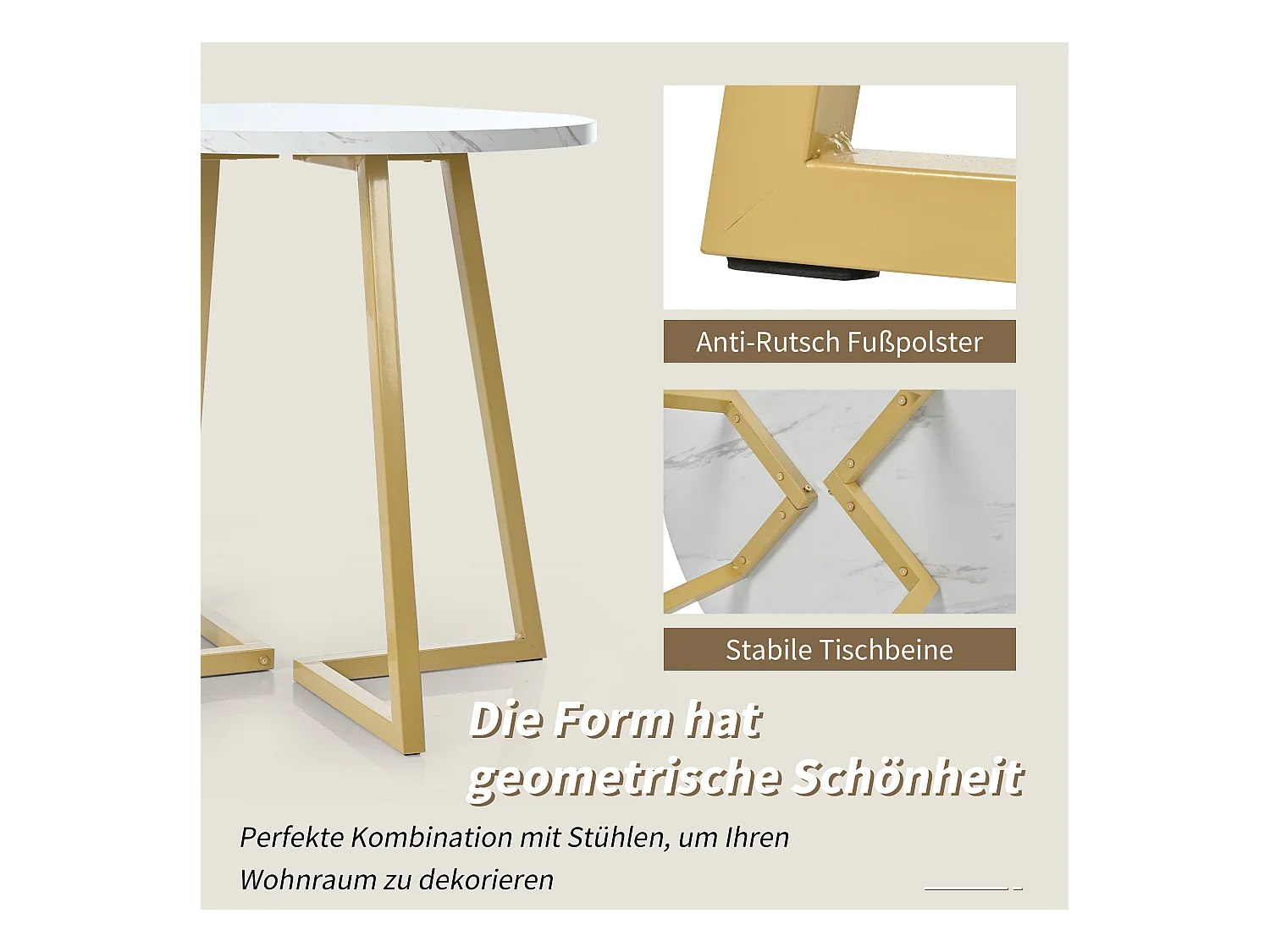 Mesa redonda moderna con patas de metal dorado, tablero de MDF blanco y diseño de mármol (80 cm) (80 x 80 x 75 cm)