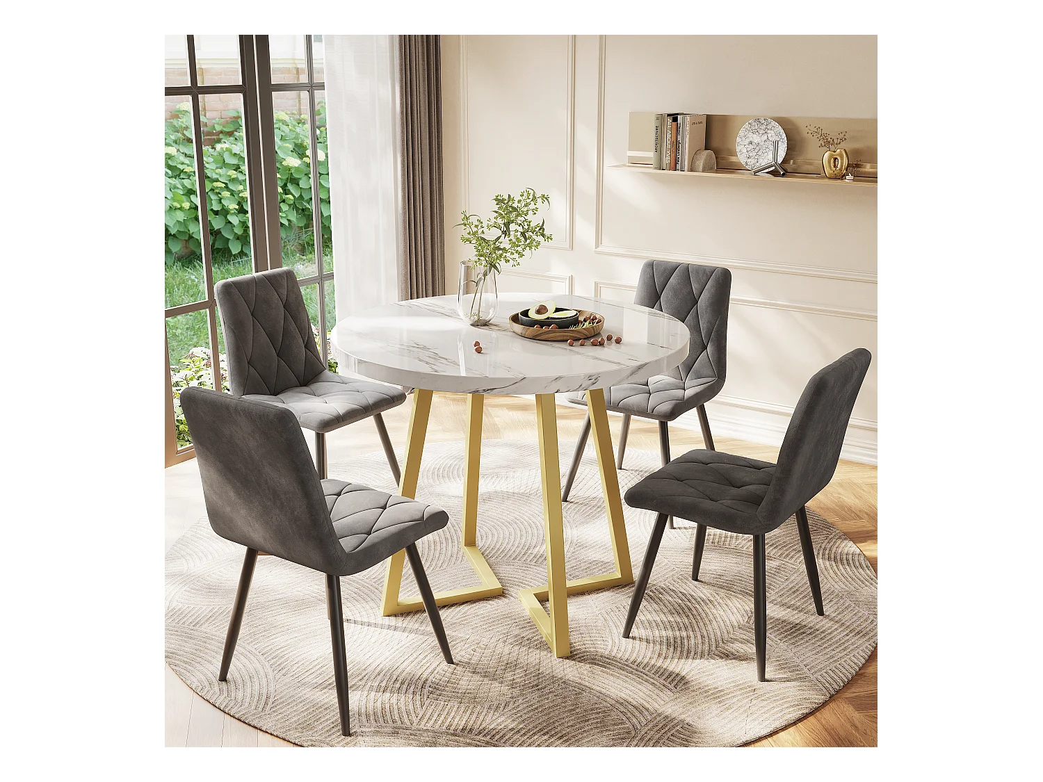 Table Ronde Moderne avec Pieds Métalliques Dorés, Plateau MDF Blanc et Motif Marbré (80 cm) (80x80x75 cm)