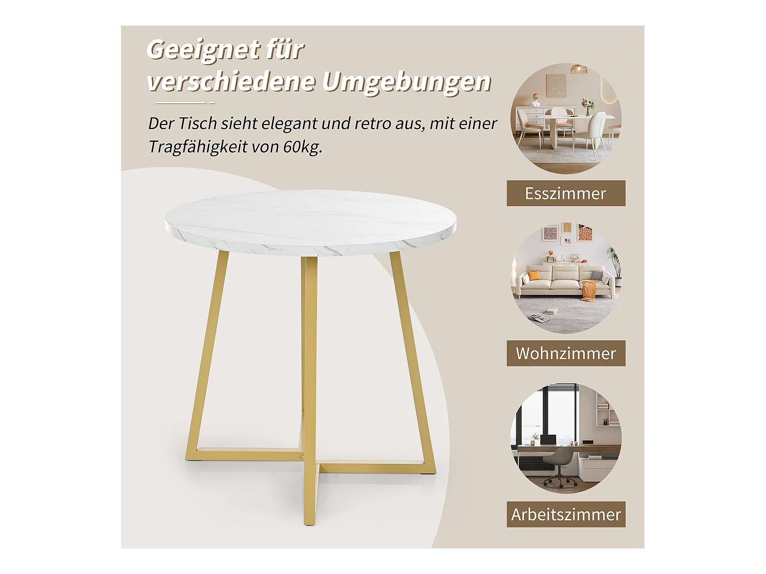 Table Ronde Moderne avec Pieds Métalliques Dorés, Plateau MDF Blanc et Motif Marbré (80 cm) (80x80x75 cm)